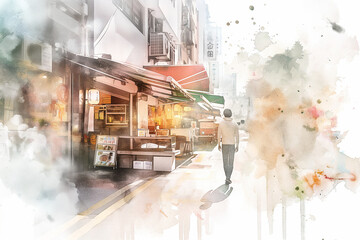 Watercolor Illustration of a Hong Kong Street Scene with Lone Walker
