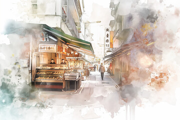 Artistic Watercolor Illustration of a Hong Kong Street Market Scene