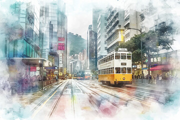 Watercolor Illustration of Hong Kong Street With Iconic Tram