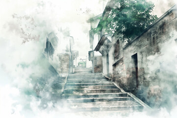 Serene Watercolor Painting of Historic Hong Kong Alleyway