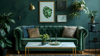 Green Velvet Sofa Living Room Decor Inspiration with Plants and Gold Accents