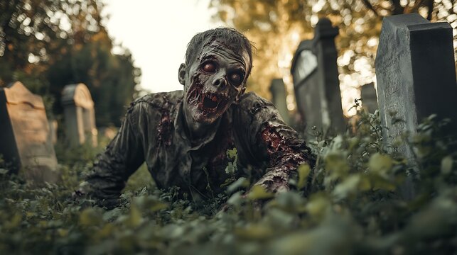 Realistic zombie with rotting flesh crawling through an overgrown cemetery