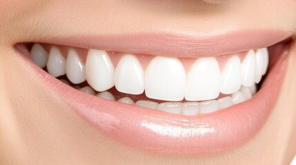 A woman's mouth is displayed with bright white teeth while a dental tool inspects her smile during a professional dental checkup