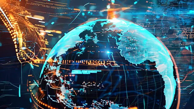 A stunning digital globe surrounded by glowing data streams showcases holographic continents in vibrant blue and orange. Perfect for technology and global communication projects.