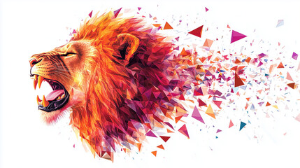 Abstract Geometric Roaring Lion Head Vibrant Colors with Fragmenting Triangles