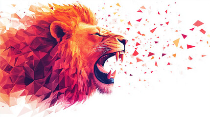 Fierce Lion Head Geometric Polygon Art Red and Orange Hues Exploding Mane