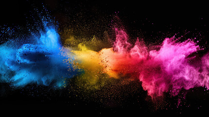 Colorful powder explosion on a black background, colorful holi paint splash in the air.