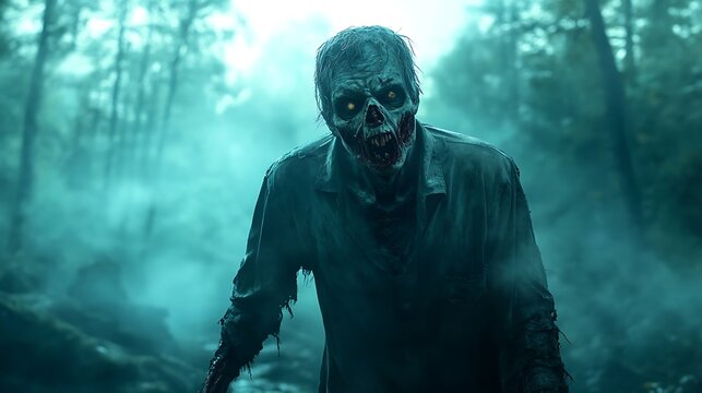 Realistic zombie with rotting face stumbling through a foggy forest at night