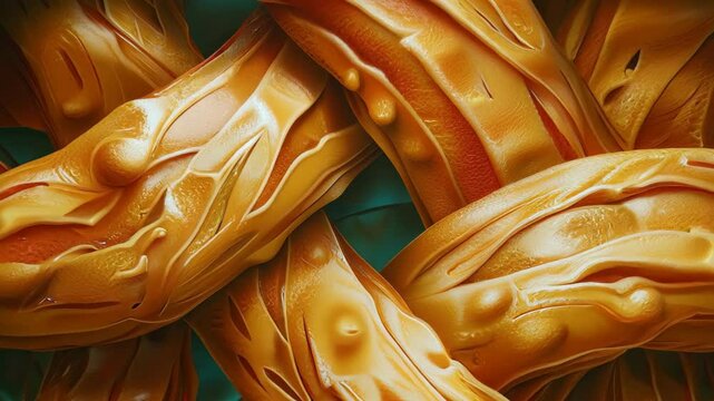 A detailed close-up of twisted golden pretzels, showcasing their shiny, textured surface and crispy, baked appearance, creating an appetizing and artistic food display.