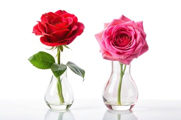 Fototapeta premium Beautiful red rose and pink flower in symmetrical vase on white background
