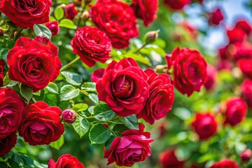 Fototapeta premium Beautiful red rose bush in full bloom in a rustic country garden during summertime