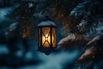 Christmas Lantern hangs on spruce branches at winter night. with generative ai