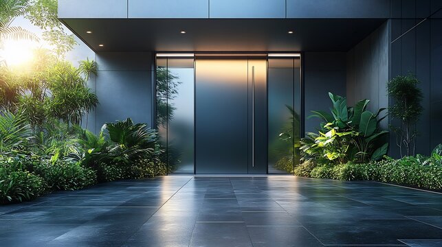 Stylish front door in a sleek glass and metal design set against a backdrop of minimalist architecture and green plants providing a chic and contemporary first impression of the home
