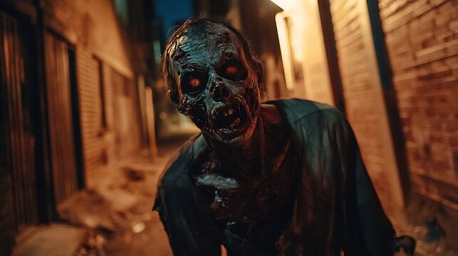 Realistic zombie with rotting skin crawling through a deserted alley at night