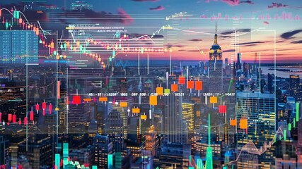 A vibrant city skyline at sunset features iconic buildings, enhanced by digital graphics of stock market trends, colorful charts, and data analysis, blending urban life with finance. - Powered by Adobe