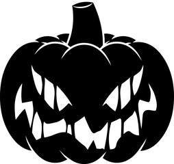 Scary Halloween Pumpkin Black Silhouette. Vector Hand Drawn Illustration Isolated On Transparent Background