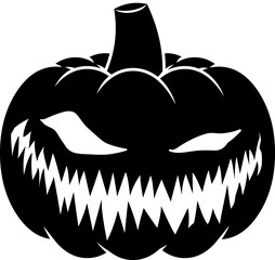 Scary Halloween Pumpkin Black Silhouette. Vector Hand Drawn Illustration Isolated On Transparent Background