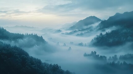 Dreamlike fog sweeping through a quiet mountain valley at dawn, creating an ethereal, misty landscape of peace and beauty