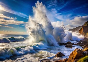 Fototapeta premium Ocean waves crashing against rocks, creating mist and foam in a dynamic coastal landscape scene