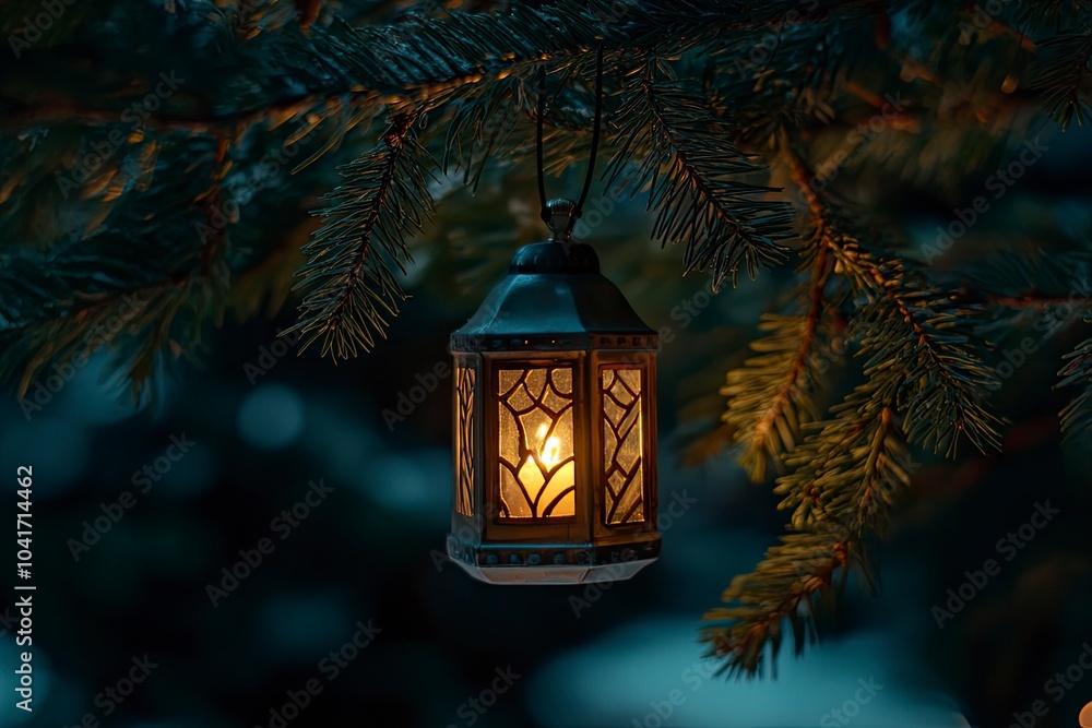 Wall mural christmas lantern hangs on spruce branches at winter night. with generative ai