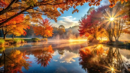 Rays of Sunlight Piercing Through Misty Morning Air, Creating a Magical and Serene Atmosphere