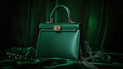 Professional product photography of rich emerald green handbags | Displayed on a velvet background, soft diffused lighting emphasizes the richness 