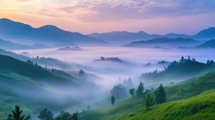 Fototapeta premium Misty fog creeping over a quiet mountain valley at dawn, creating a peaceful and ethereal landscape filled with dreamlike beauty