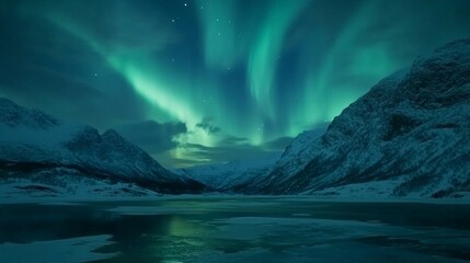 Naklejka premium Wide shot of the Northern Lights over snowy mountains and a frozen lake at night in Norway.
