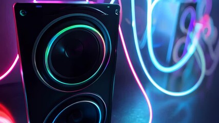 A close-up of a sleek black speaker with vibrant LED lights and glowing rainbow woofers. Abstract blue and purple light trails create an energetic vibe, ideal for music and nightlife themes.