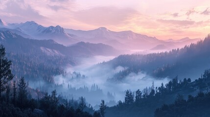 A serene mountain valley at dawn, with fog rolling through and creating a tranquil, ethereal landscape