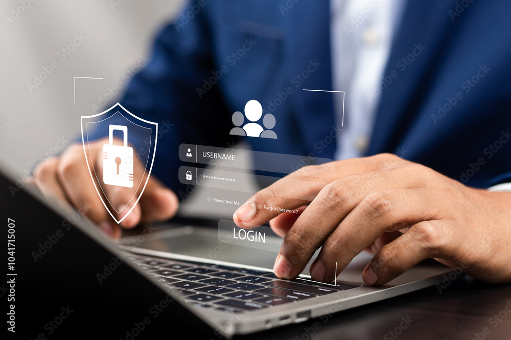 Fototapete cybersecurity and data protection, businessman using laptop and tablet to secure financial transacti