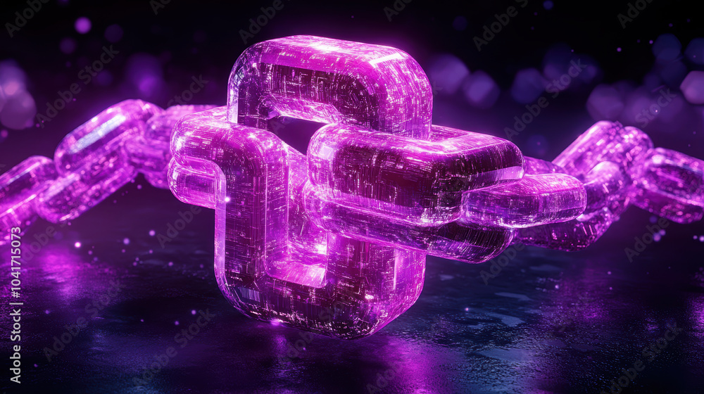Poster vibrant visualization of blockchain technology featuring glowing purple chains, symbolizing security