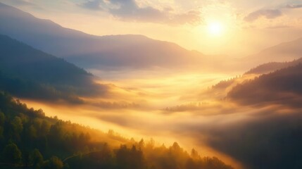 Fototapeta premium Dreamlike fog drifting over a peaceful mountain valley at dawn, illuminated by soft, ethereal light