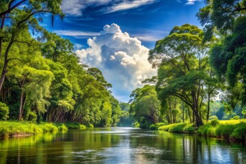 Obraz premium Serene Riverbanks Surrounded by Lush Greenery and Towering Trees Under a Clear Blue Sky