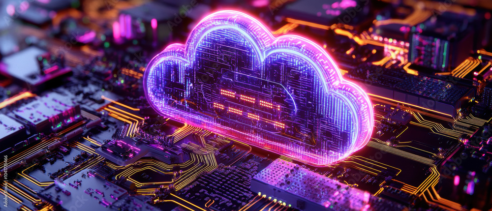 Poster vibrant cloud symbol representing cloud technology sits atop circuit board, showcasing data storage 