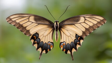 Fototapeta premium Closeup of a butterfly with open wings against a blurred green background 