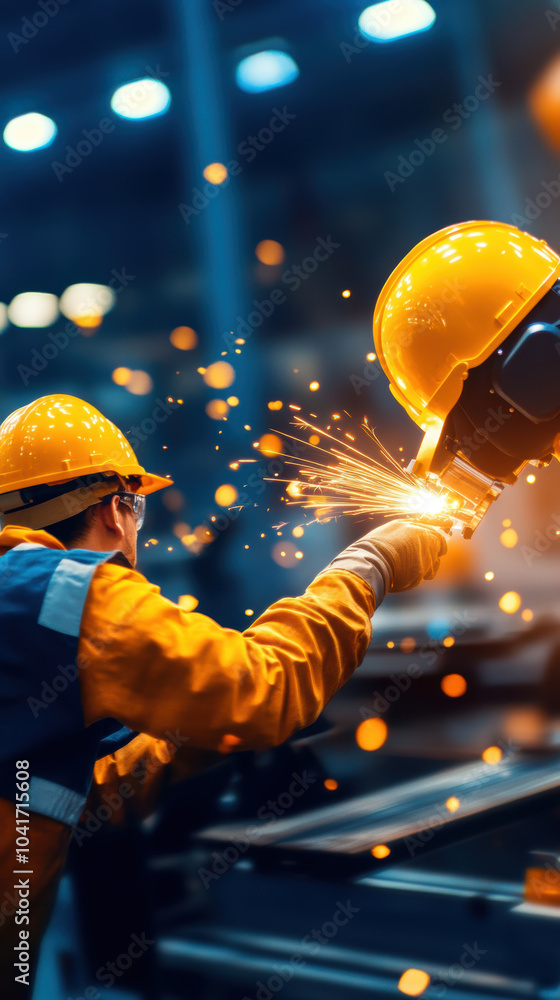 Poster factory worker in yellow helmet is engaged in welding, creating sparks in dynamic industrial environ