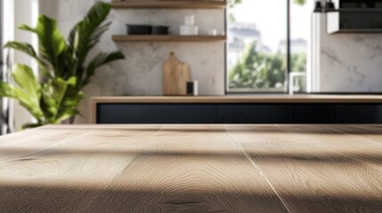 Modern Kitchen with Wooden Table and Greenery