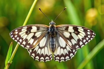 Beautiful asymmetrical marbled white butterfly on a galathea melanargia background