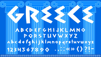 Blue greek style font, ancient Greece type alphabet letters and numbers vector typography. Old mediterranean triangle typeface of english abc characters on background with antique greek pillars