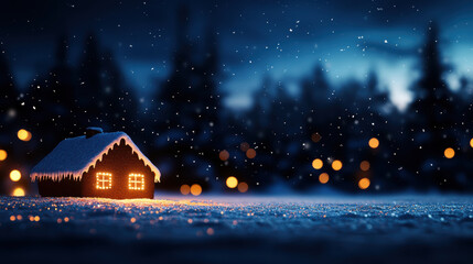 Naklejka premium cozy winter evening in city features charming gingerbread house surrounded by falling snow and twinkling lights, creating warm and festive atmosphere