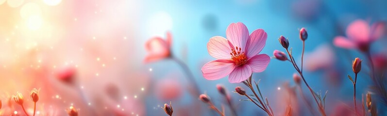 Fototapeta premium Pink flower that is in the middle of a field