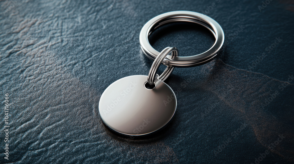 Poster polished metal keychain mockup displayed on textured surface, showcasing its sleek design and reflec