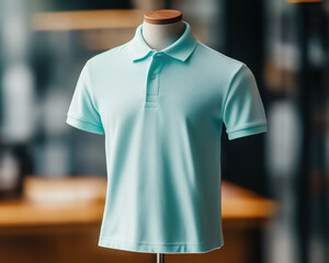 stylish mannequin displays plain polo shirt in soft mint color, ideal for custom designs and casual wear. shirts clean lines and modern fit make it versatile choice for various occasions