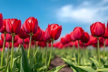 Rows of Vibrant Red Tulips in Meticulously Maintained Garden with Dazzling Blue Sky Overhead