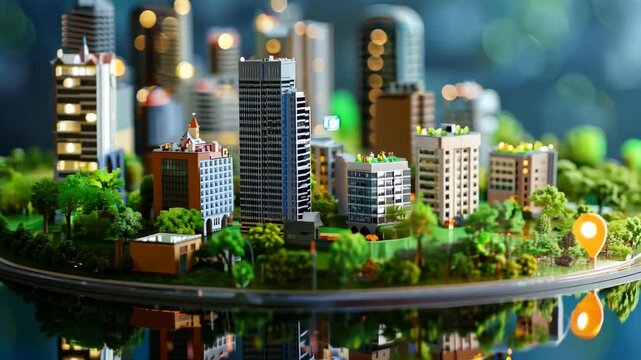 A detailed miniature cityscape showcases modern skyscrapers and residences amid greenery. Bright trees add nature, while a stylized pin emphasizes urban navigation and planning.