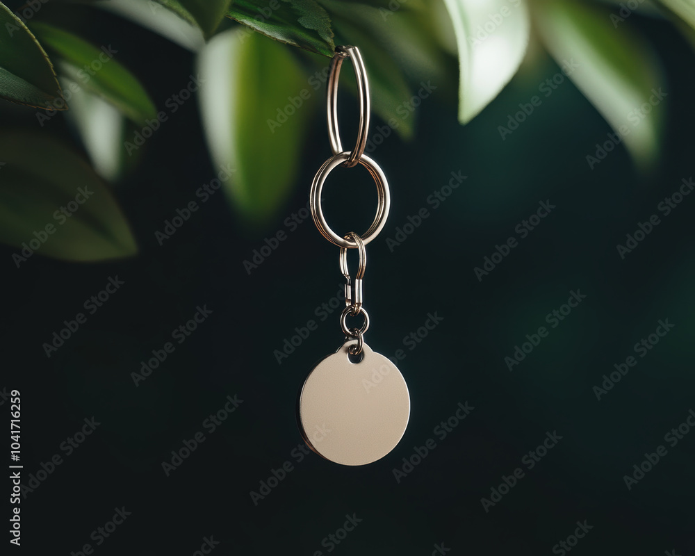 Poster realistic keychain mockup hanging from keyring, showcasing sleek design against dark background. thi