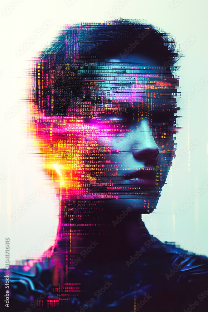 Poster a face partially obscured by vibrant pixel patterns, creating a collision of digital abstraction and