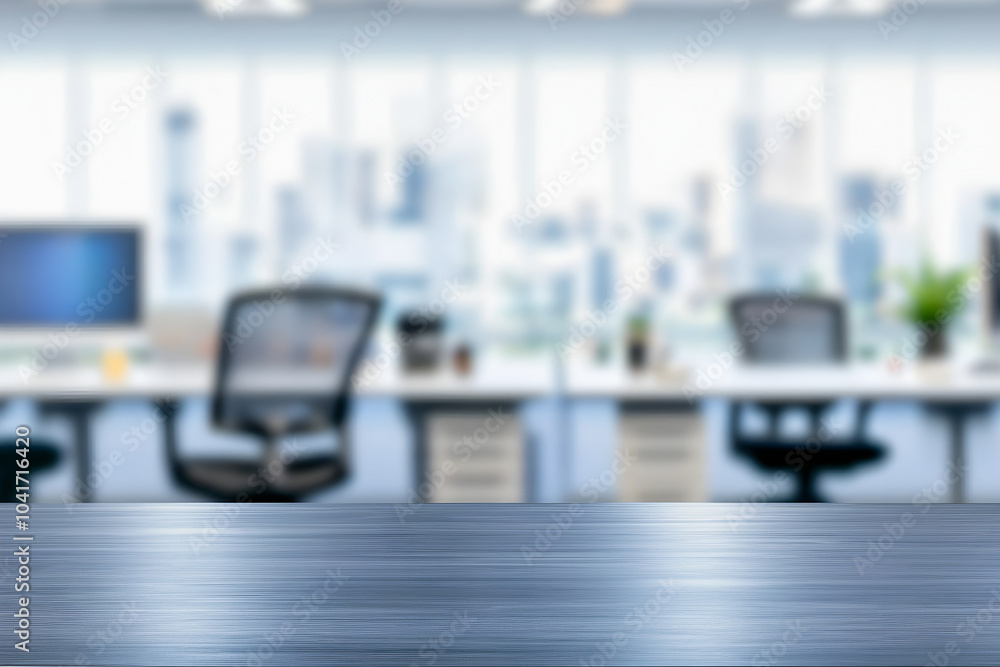 Poster blurred office workspace with metallic table for product display