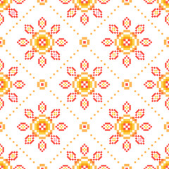 Flower Cross Stitch embroidery seamless.Geometric pixel ethnic patterns. American, Mexican,African, mediterranean,nordic,Aztec style.Tradition folk art background design for products,fabric,decorate